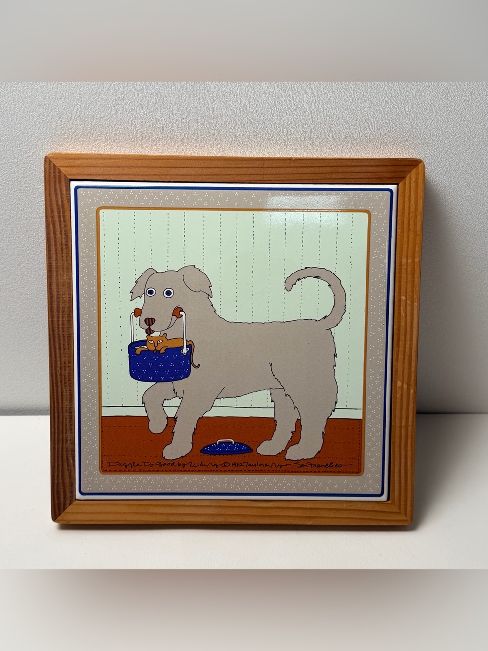 Vintage Taylor Ng San Francisco 1982 Tile Trivet DOGGIE DO GOOD w Cat Japan Wood